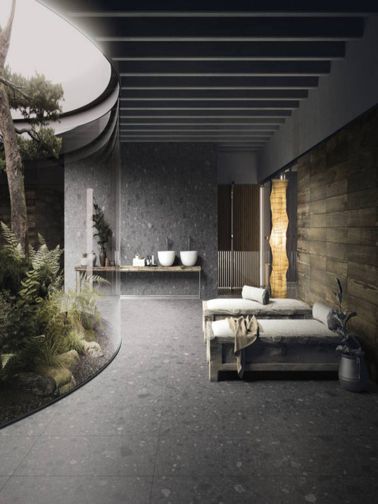 Gresie portelanata Orobica antracit tip piatra, mata cu dimensiuni 60x60, 60x120 si 120x120. Pardoseala terasa exterior cu gresie portelanata antracit