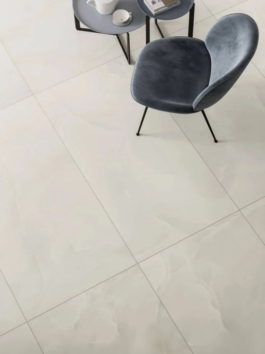 Gresie porțelanată Prestigio Onyx White efect marmură albă Refin
