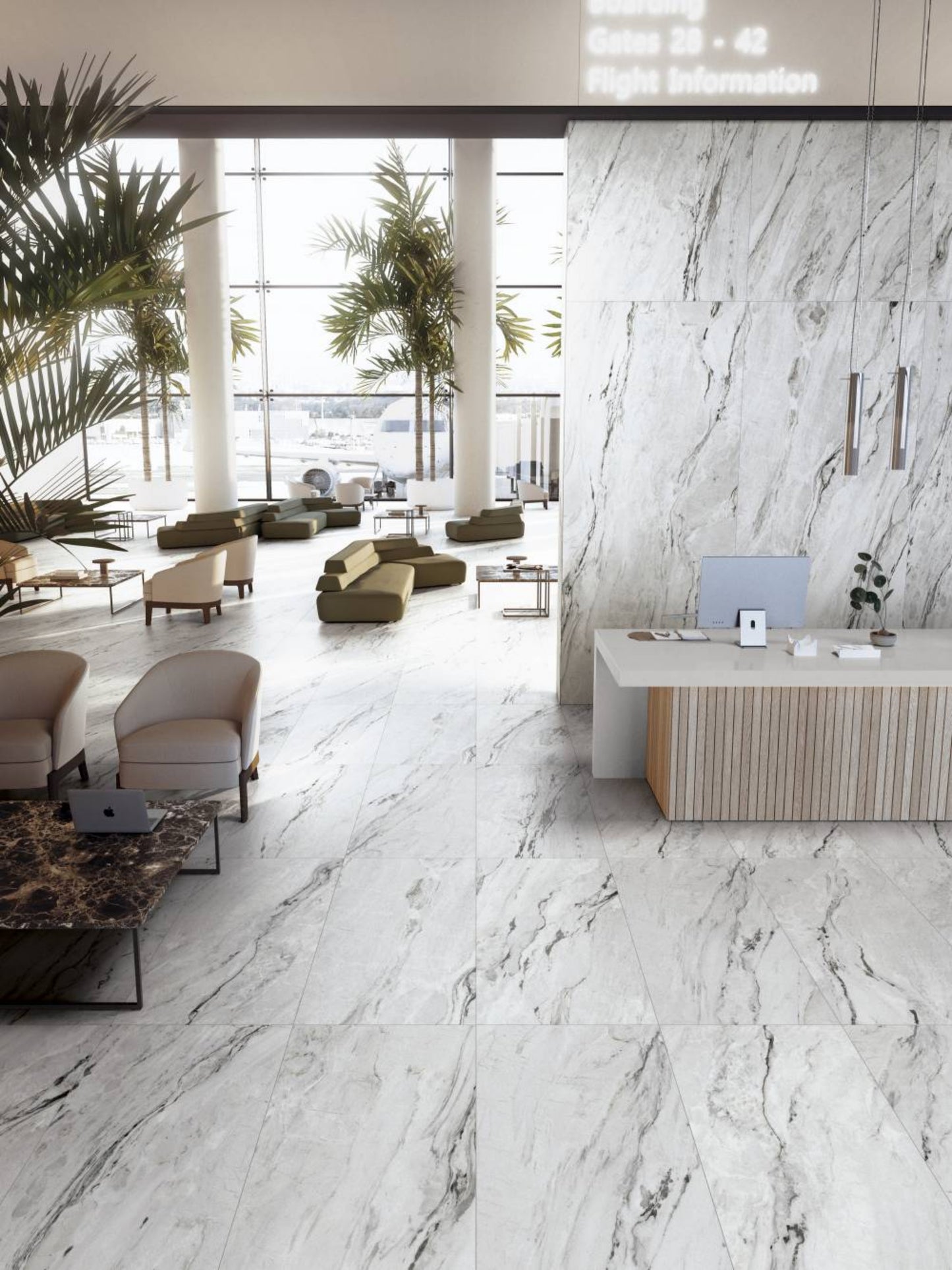 Gresie porțelanată Opera efect marmură din colecția Prestigio White montată într-un interior modern elegant