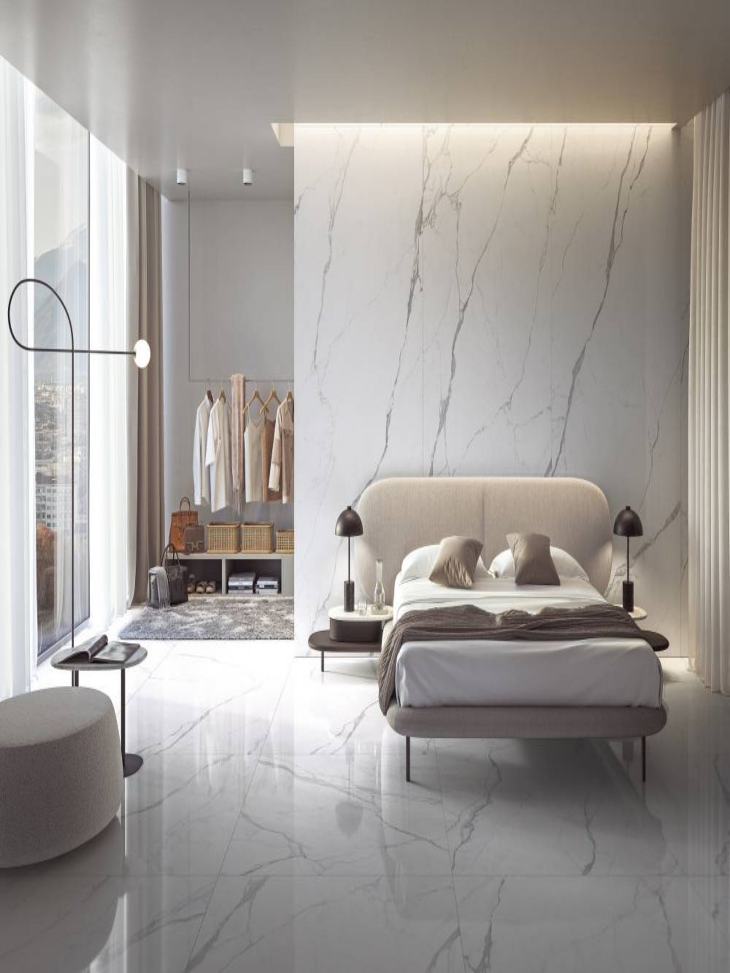 Gresie porțelanată efect marmură Statuario Apuano montată într-o baie modernă, colecția Prestigio White Refin
