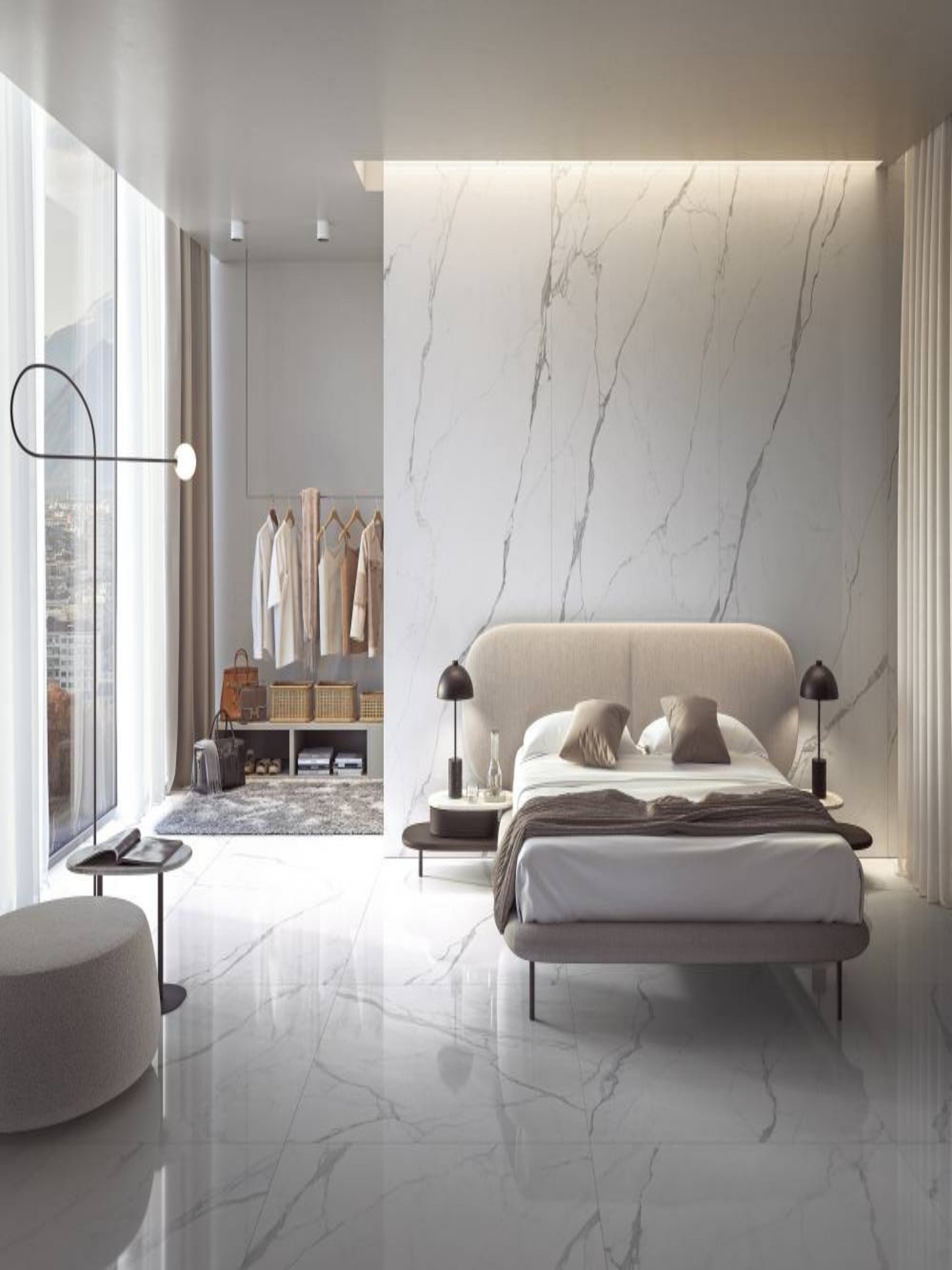 Gresie porțelanată efect marmură Statuario Apuano montată într-o baie modernă, colecția Prestigio White Refin