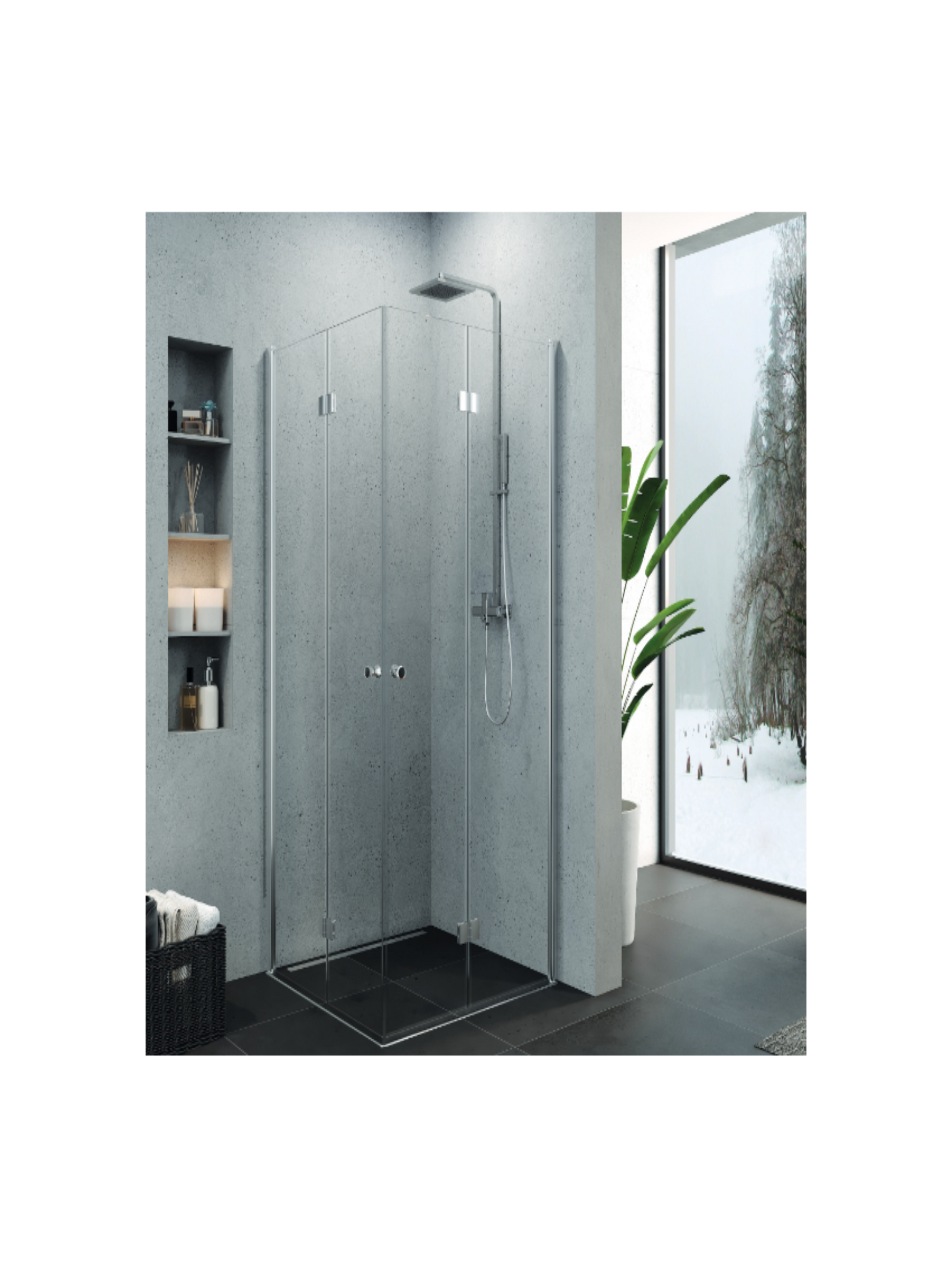 Cabină de duș Sopora rectangulară, cu două uși batante din sticlă transparentă de 6 mm, finisaj crom, pliabilă pe perete, tratată anticalcar.