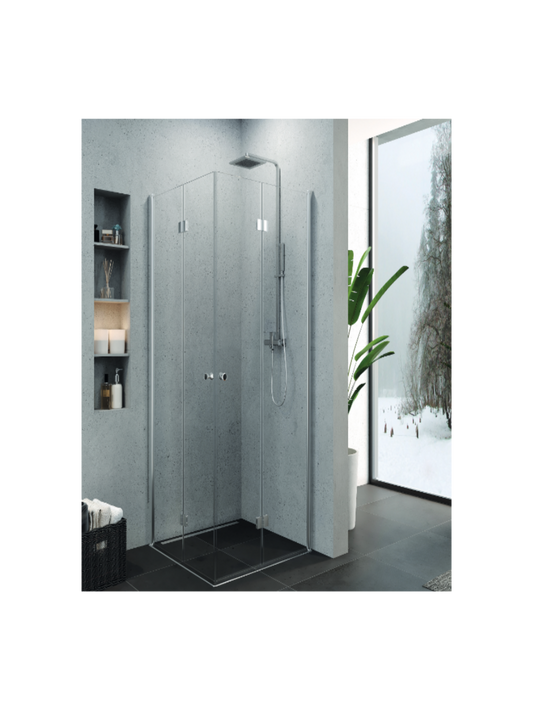Cabină de duș Sopora rectangulară, cu două uși batante din sticlă transparentă de 6 mm, finisaj crom, pliabilă pe perete, tratată anticalcar.